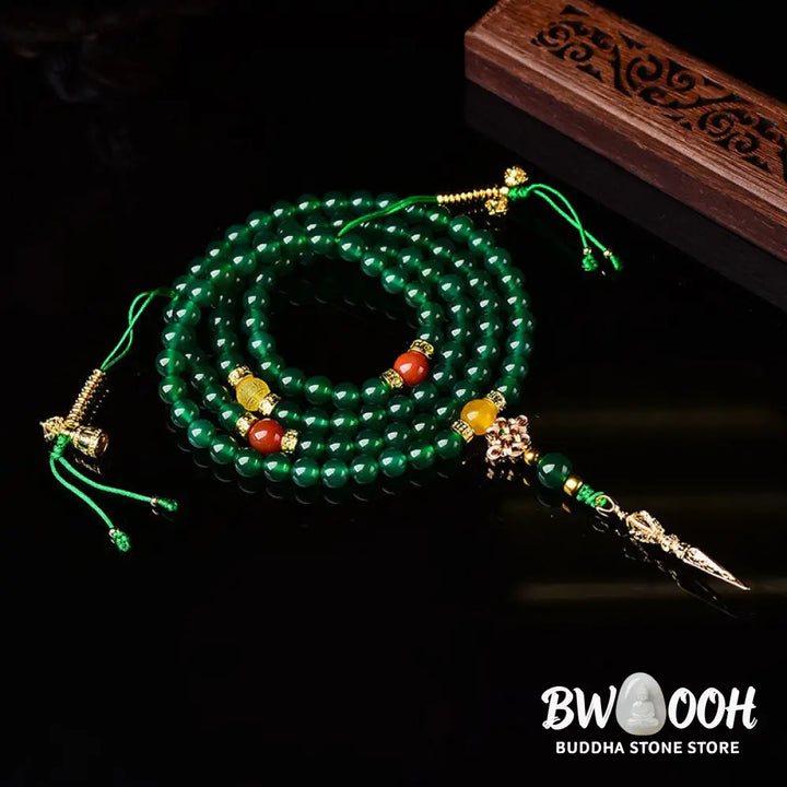 BWOOOH Natural Green Agate 108-bead Success Mala, depicted as a coiled bracelet, showcasing polished green agate stones for meditation, courage, and manifesting victory. - View 7