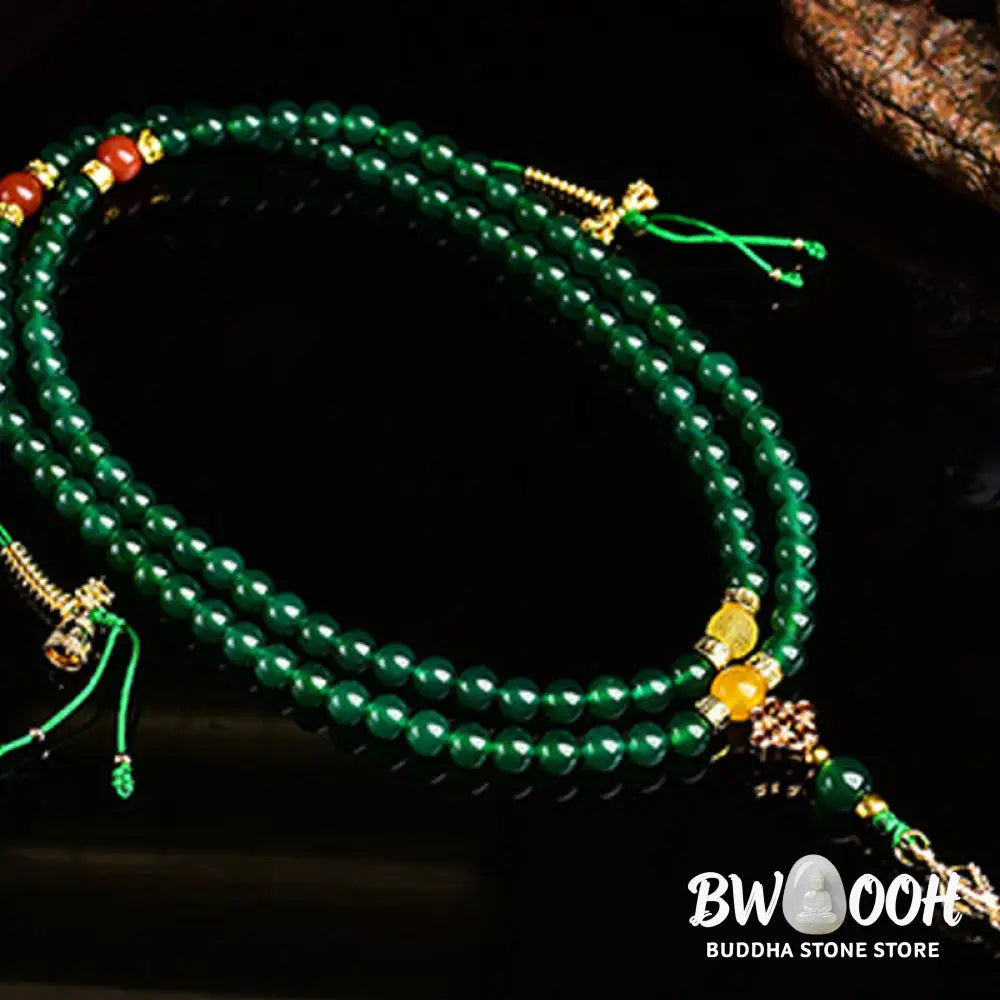 BWOOOH Natural Green Agate 108-bead Success Mala, depicted as a coiled bracelet, showcasing polished green agate stones for meditation, courage, and manifesting victory. - View 6