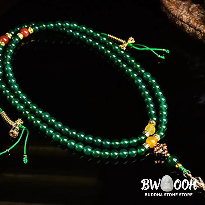 BWOOOH Natural Green Agate 108-bead Success Mala, depicted as a coiled bracelet, showcasing polished green agate stones for meditation, courage, and manifesting victory. - View 6