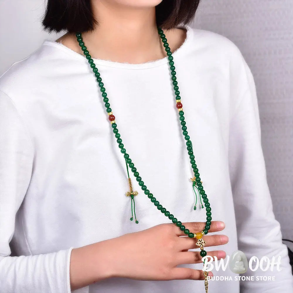 BWOOOH Natural Green Agate 108-bead Success Mala, depicted as a coiled bracelet, showcasing polished green agate stones for meditation, courage, and manifesting victory. - View 3
