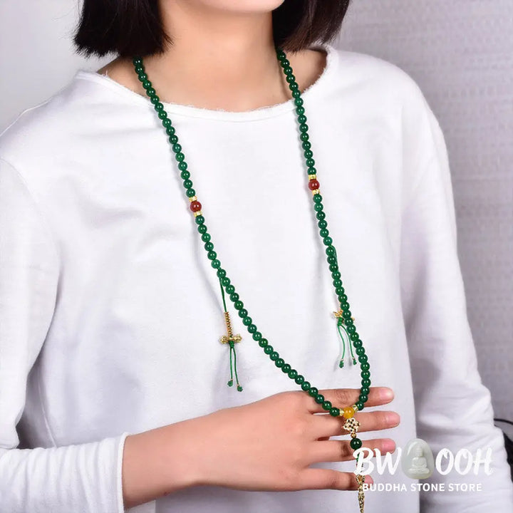 BWOOOH Natural Green Agate 108-bead Success Mala, depicted as a coiled bracelet, showcasing polished green agate stones for meditation, courage, and manifesting victory. - View 3