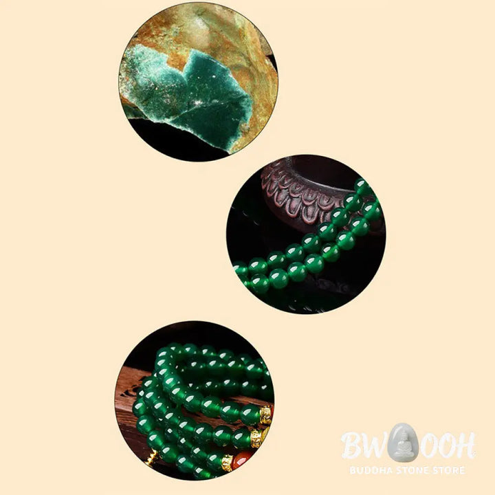 BWOOOH Natural Green Agate 108-bead Success Mala, depicted as a coiled bracelet, showcasing polished green agate stones for meditation, courage, and manifesting victory. - View 8