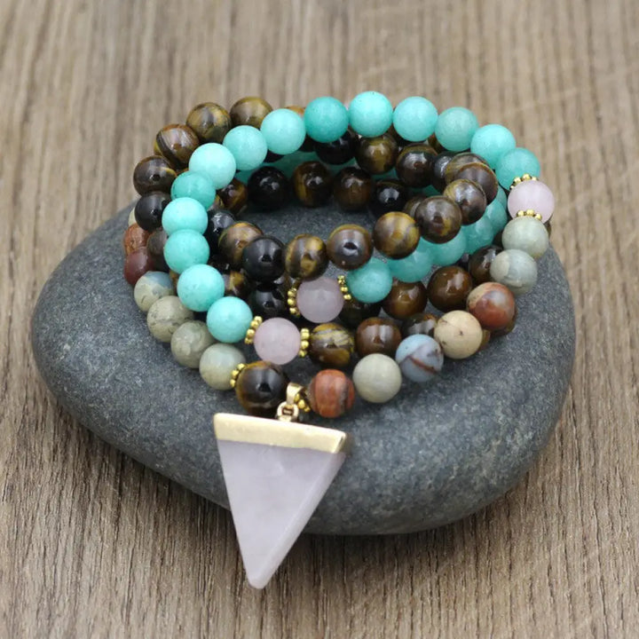 BWOOOH 108-bead mala featuring 8mm Tiger Eye, Sea Sediment Jasper, Pink Crystal, and Amazonite beads, handcrafted as a meditation bracelet and necklace for balance and focus.