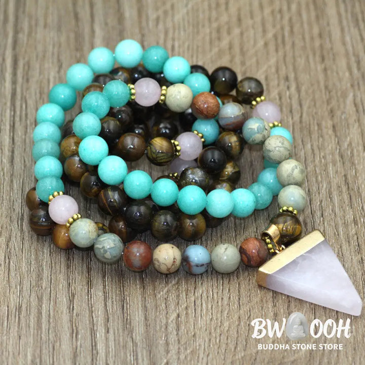 BWOOOH 108-bead mala featuring 8mm Tiger Eye, Sea Sediment Jasper, Pink Crystal, and Amazonite beads, handcrafted as a meditation bracelet and necklace for balance and focus. - View 2