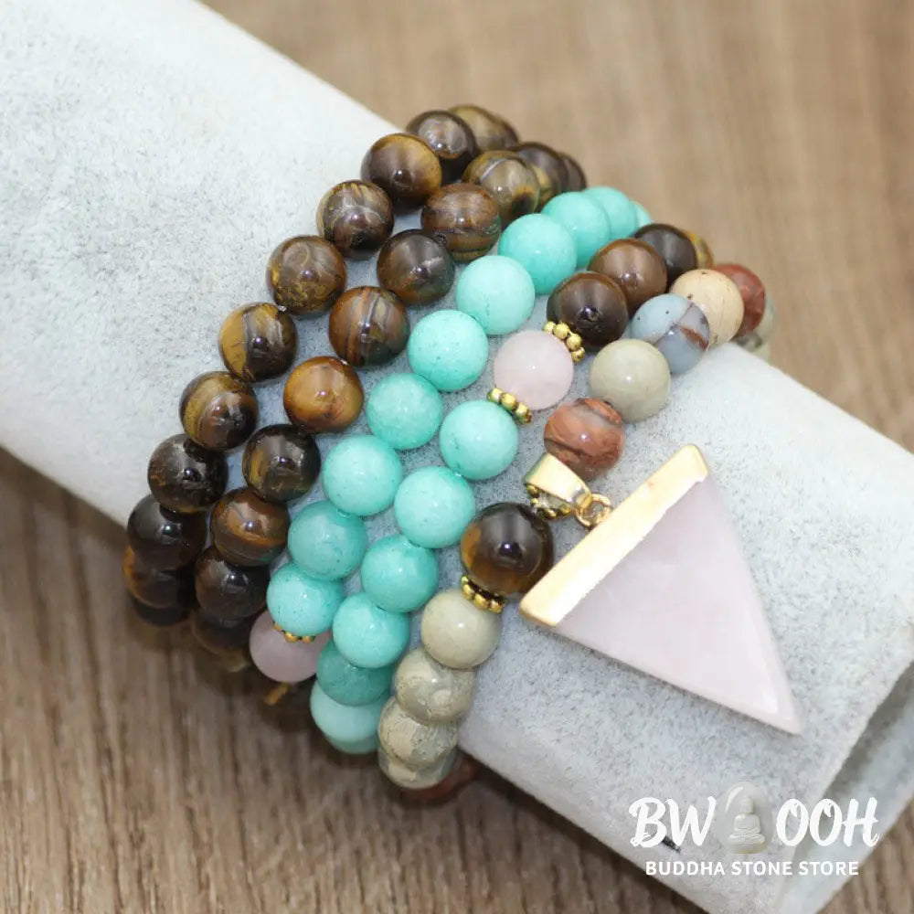 BWOOOH 108-bead mala featuring 8mm Tiger Eye, Sea Sediment Jasper, Pink Crystal, and Amazonite beads, handcrafted as a meditation bracelet and necklace for balance and focus. - View 3