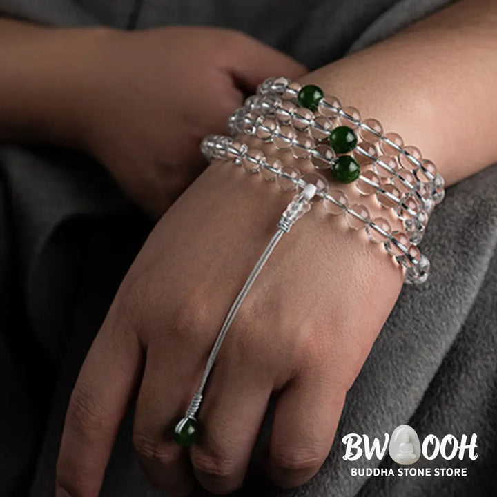 BWOOOH 108 Beads White Crystal Jade Meditation Mala, featuring polished 6mm or 8mm white crystal and jade beads, designed for spiritual balance, enhanced concentration, and deep tranquility. Unisex spiritual accessory. - View 3