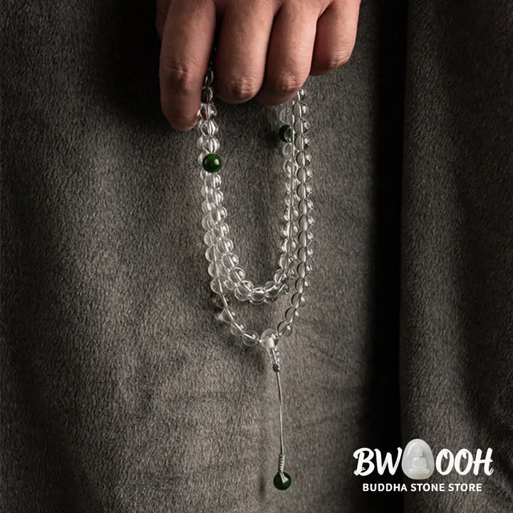 BWOOOH 108 Beads White Crystal Jade Meditation Mala, featuring polished 6mm or 8mm white crystal and jade beads, designed for spiritual balance, enhanced concentration, and deep tranquility. Unisex spiritual accessory. - View 6