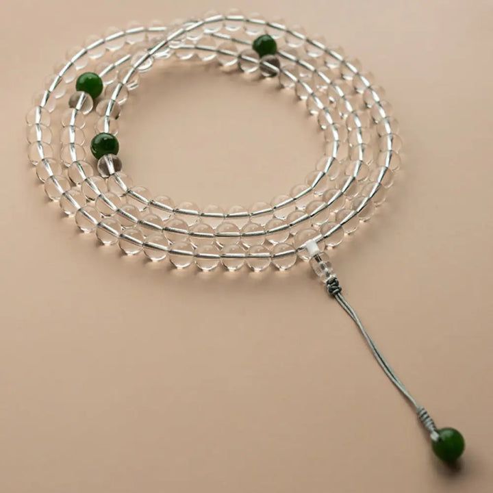 BWOOOH 108 Beads White Crystal Jade Meditation Mala, featuring polished 6mm or 8mm white crystal and jade beads, designed for spiritual balance, enhanced concentration, and deep tranquility. Unisex spiritual accessory. - View 2