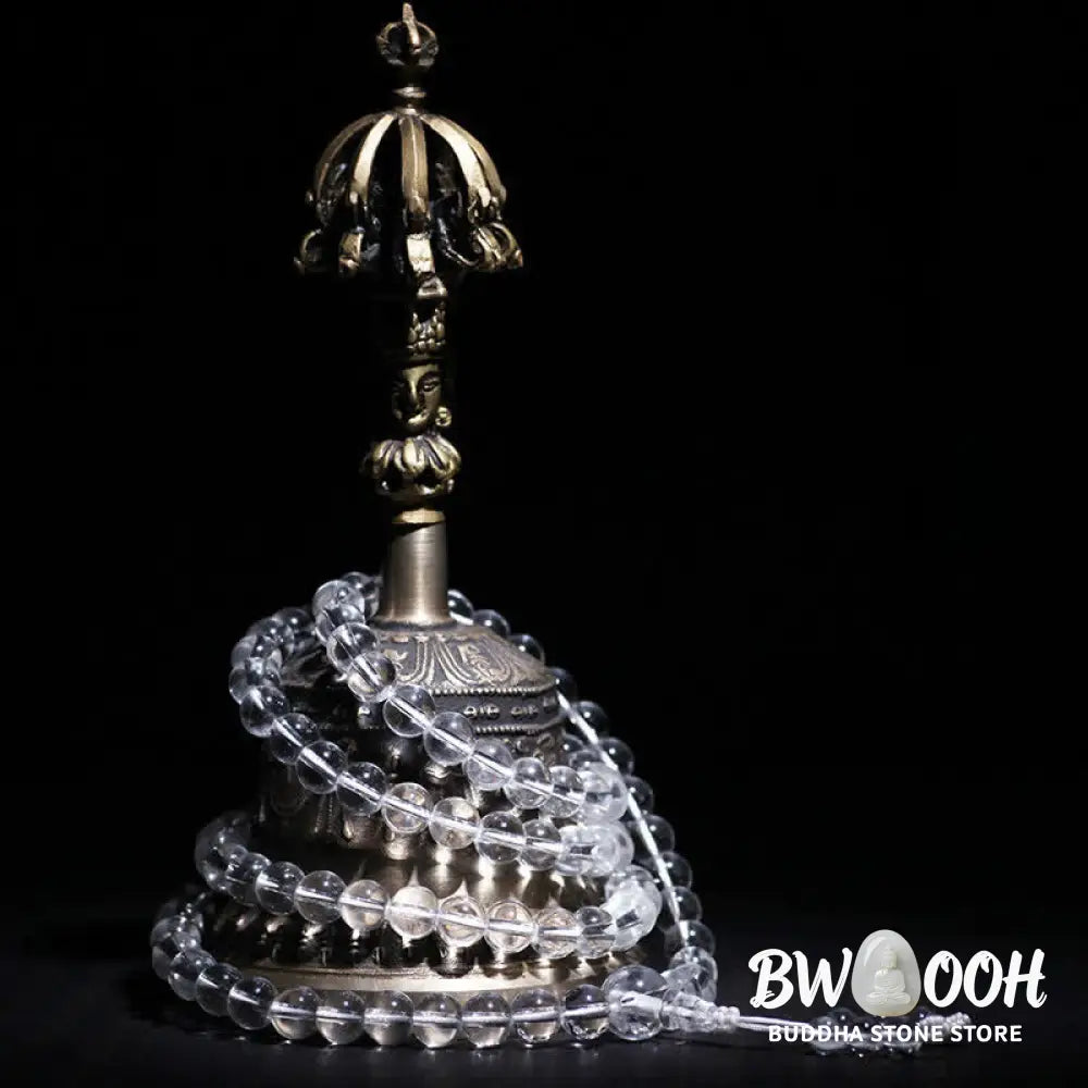 Close-up of BWOOOH 108 Clear Quartz Protection Mala, featuring polished 6mm or 8mm white crystal beads on elastic string, suitable for meditation and wrist wear. - View 10