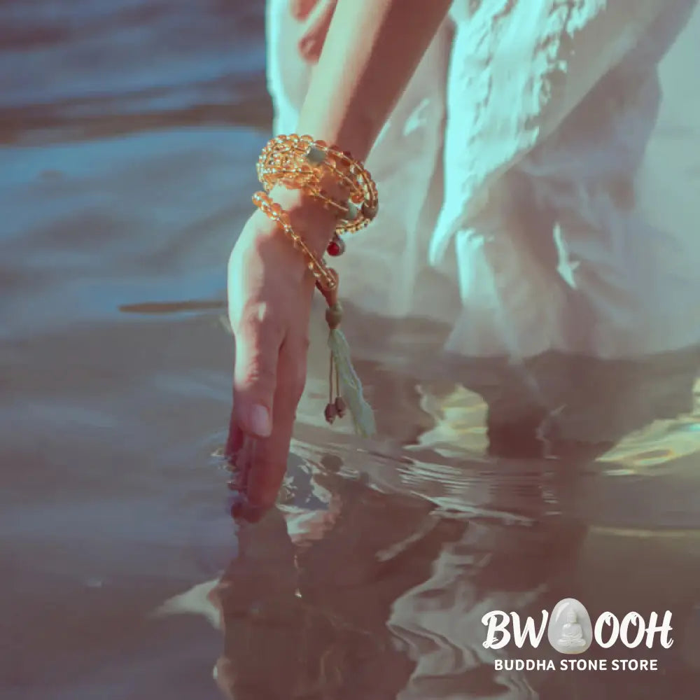 BWOOOH 108 Mala Protection Prosperity Bracelet featuring 6.5-7mm natural Citrine, Sandalwood, and Turquoise beads with 925 Sterling Silver accents on a premium elastic string, suitable for 15-16cm wrists. Ideal for mindfulness and spiritual balance. - View 5