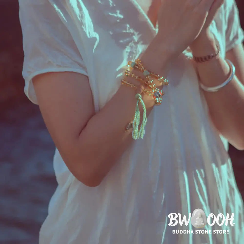 BWOOOH 108 Mala Protection Prosperity Bracelet featuring 6.5-7mm natural Citrine, Sandalwood, and Turquoise beads with 925 Sterling Silver accents on a premium elastic string, suitable for 15-16cm wrists. Ideal for mindfulness and spiritual balance. - View 3