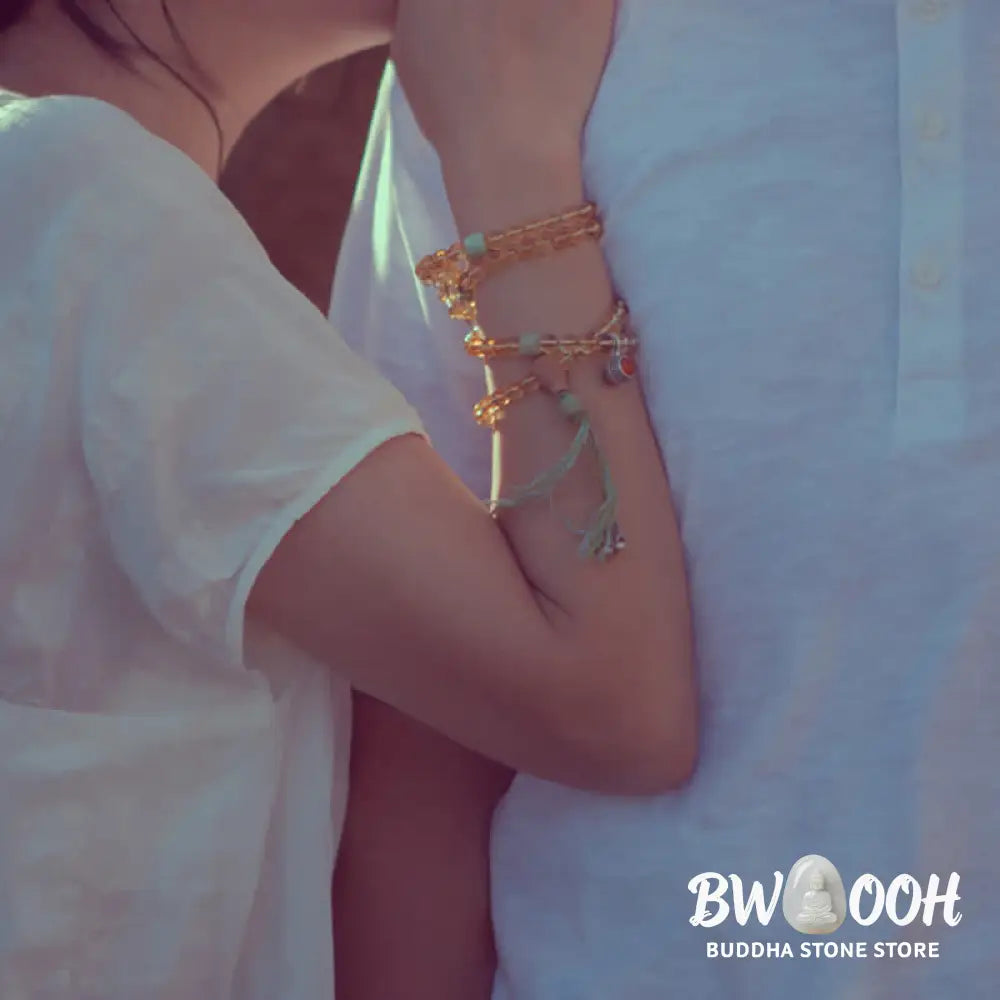 BWOOOH 108 Mala Protection Prosperity Bracelet featuring 6.5-7mm natural Citrine, Sandalwood, and Turquoise beads with 925 Sterling Silver accents on a premium elastic string, suitable for 15-16cm wrists. Ideal for mindfulness and spiritual balance. - View 10