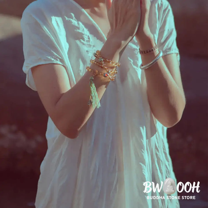 BWOOOH 108 Mala Protection Prosperity Bracelet featuring 6.5-7mm natural Citrine, Sandalwood, and Turquoise beads with 925 Sterling Silver accents on a premium elastic string, suitable for 15-16cm wrists. Ideal for mindfulness and spiritual balance. - View 8