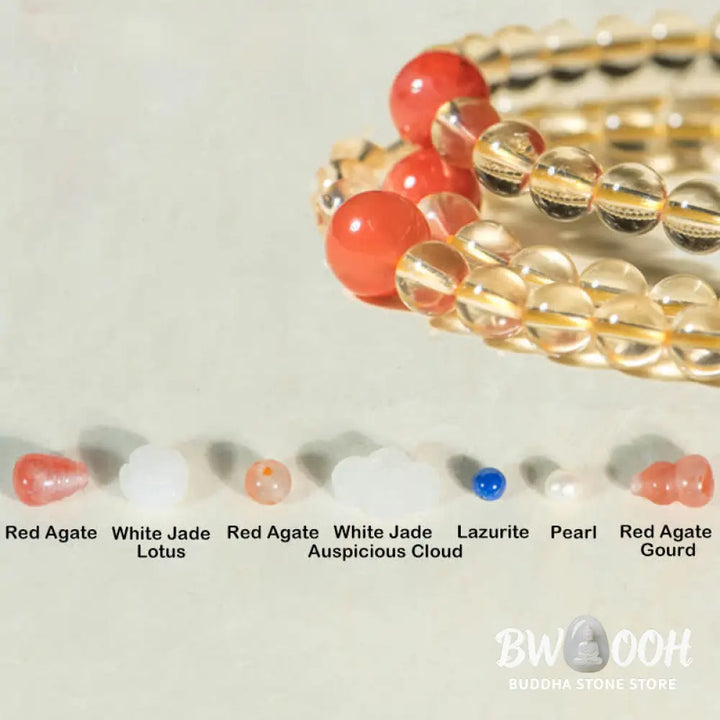 BWOOOH 108 Mala Beads bracelet, 6mm natural Citrine, Red Agate, White Jade, and 925 Sterling Silver beads. Features a sterling silver Lotus charm, symbolizing enlightenment and resilience. Elastic string, ideal for meditation and intention setting. - View 20