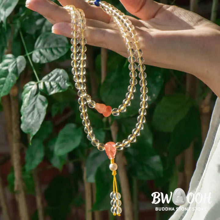 BWOOOH 108 Mala Beads bracelet, 6mm natural Citrine, Red Agate, White Jade, and 925 Sterling Silver beads. Features a sterling silver Lotus charm, symbolizing enlightenment and resilience. Elastic string, ideal for meditation and intention setting. - View 15