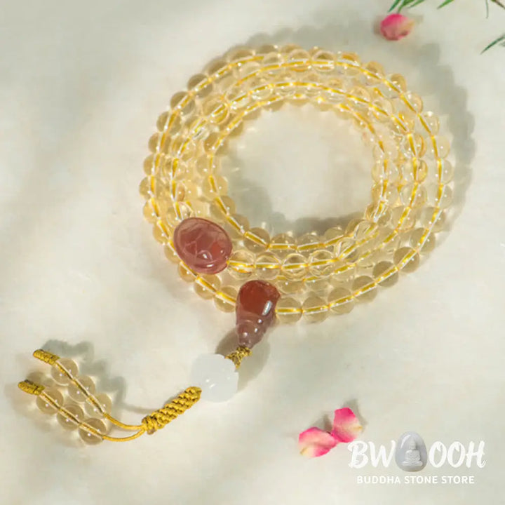 BWOOOH 108 Mala Beads bracelet, 6mm natural Citrine, Red Agate, White Jade, and 925 Sterling Silver beads. Features a sterling silver Lotus charm, symbolizing enlightenment and resilience. Elastic string, ideal for meditation and intention setting. - View 6