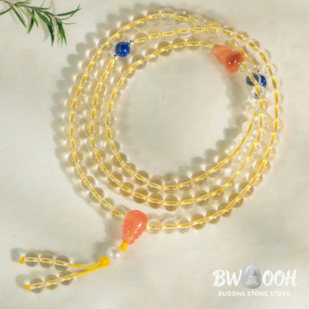 BWOOOH 108 Mala Beads bracelet, 6mm natural Citrine, Red Agate, White Jade, and 925 Sterling Silver beads. Features a sterling silver Lotus charm, symbolizing enlightenment and resilience. Elastic string, ideal for meditation and intention setting. - View 18