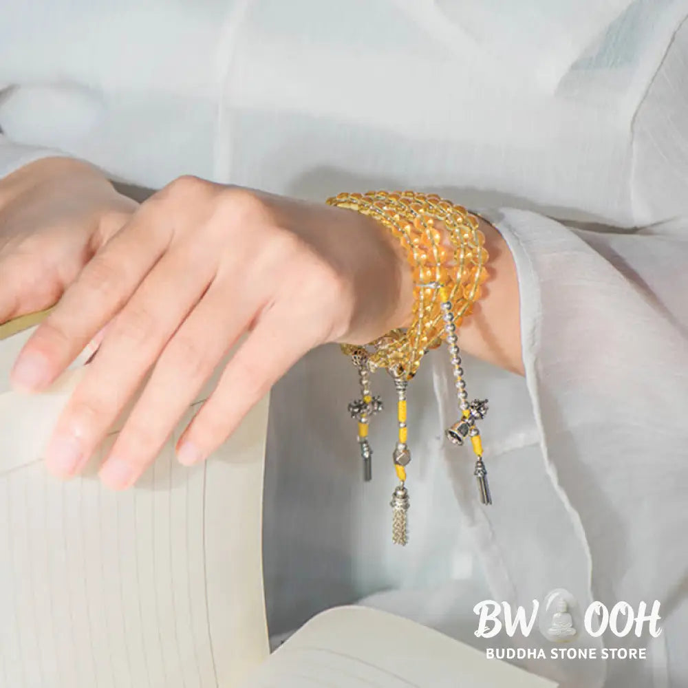 BWOOOH 108 Mala Beads bracelet, 6mm natural Citrine, Red Agate, White Jade, and 925 Sterling Silver beads. Features a sterling silver Lotus charm, symbolizing enlightenment and resilience. Elastic string, ideal for meditation and intention setting. - View 23