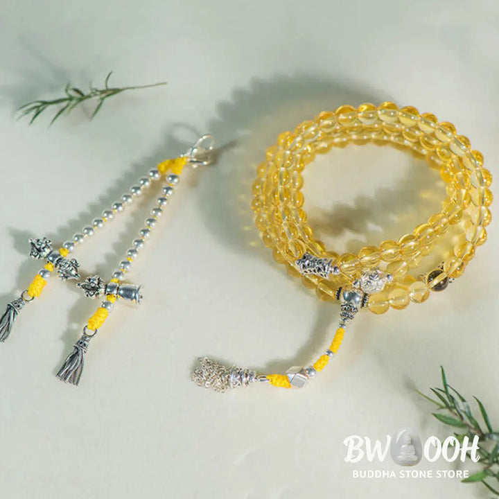 BWOOOH 108 Mala Beads bracelet, 6mm natural Citrine, Red Agate, White Jade, and 925 Sterling Silver beads. Features a sterling silver Lotus charm, symbolizing enlightenment and resilience. Elastic string, ideal for meditation and intention setting. - View 24