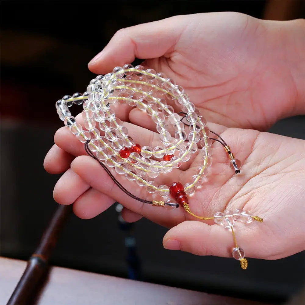 BWOOOH 108 Mala Beads, 6mm natural White & Red Agate, 925 Sterling Silver, quadruple-wrap protection bracelet for mindful practice.
