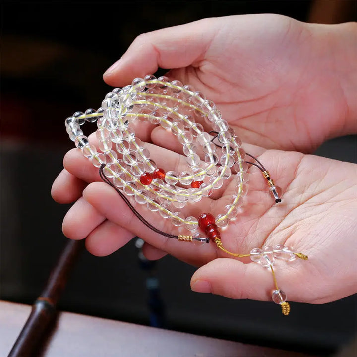 BWOOOH 108 Mala Beads, 6mm natural White &amp; Red Agate, 925 Sterling Silver, quadruple-wrap protection bracelet for mindful practice.