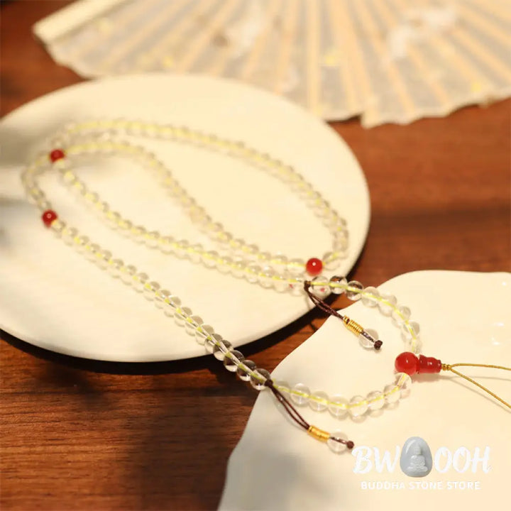 BWOOOH 108 Mala Beads, 6mm natural White &amp; Red Agate, 925 Sterling Silver, quadruple-wrap protection bracelet for mindful practice. - View 2