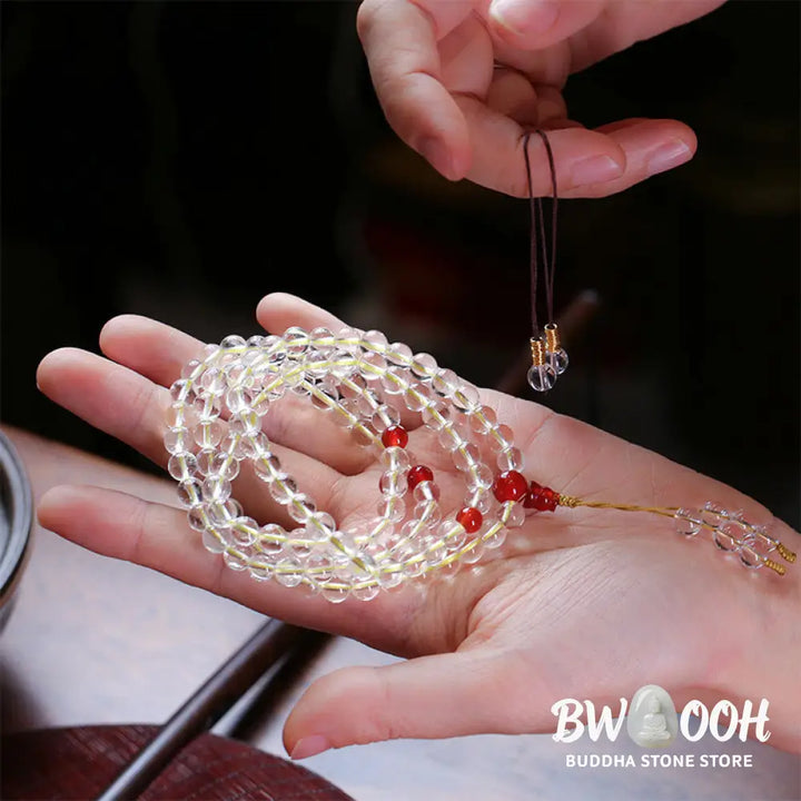 BWOOOH 108 Mala Beads, 6mm natural White &amp; Red Agate, 925 Sterling Silver, quadruple-wrap protection bracelet for mindful practice. - View 8