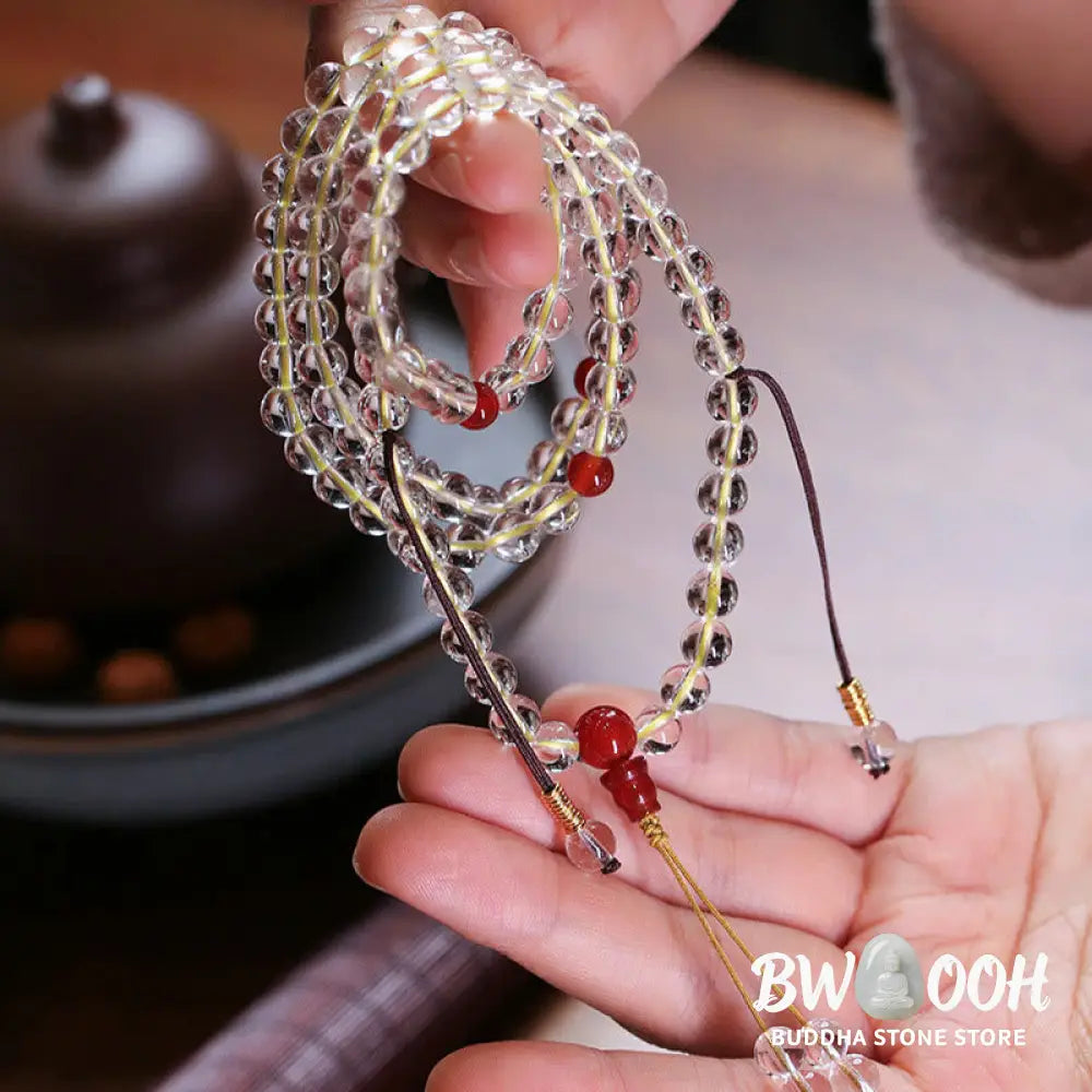 BWOOOH 108 Mala Beads, 6mm natural White &amp; Red Agate, 925 Sterling Silver, quadruple-wrap protection bracelet for mindful practice. - View 5