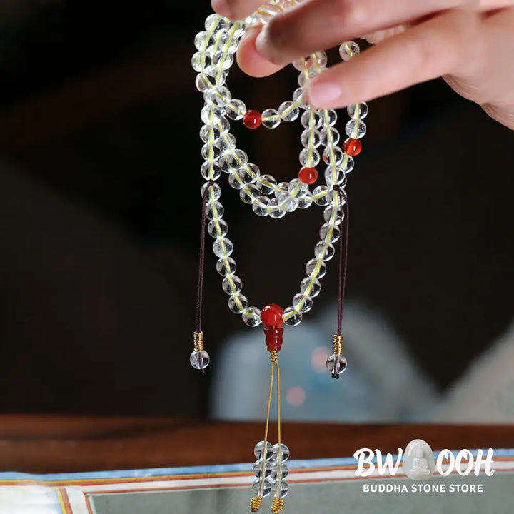 BWOOOH 108 Mala Beads, 6mm natural White &amp; Red Agate, 925 Sterling Silver, quadruple-wrap protection bracelet for mindful practice. - View 6