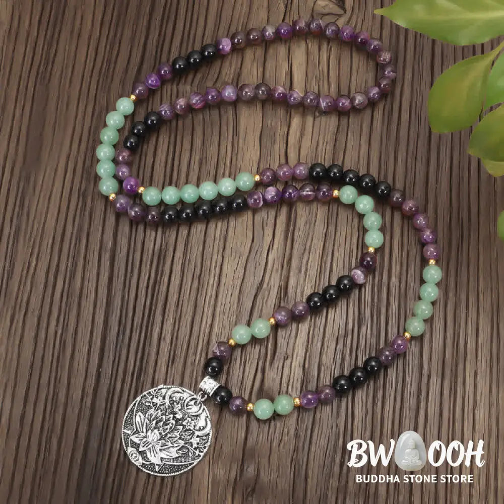 BWOOOH 108 Mala meditation bracelet featuring polished 8mm Amethyst and Green Aventurine beads with a delicate silver-tone lotus symbol, designed for inner peace and balance. - View 8