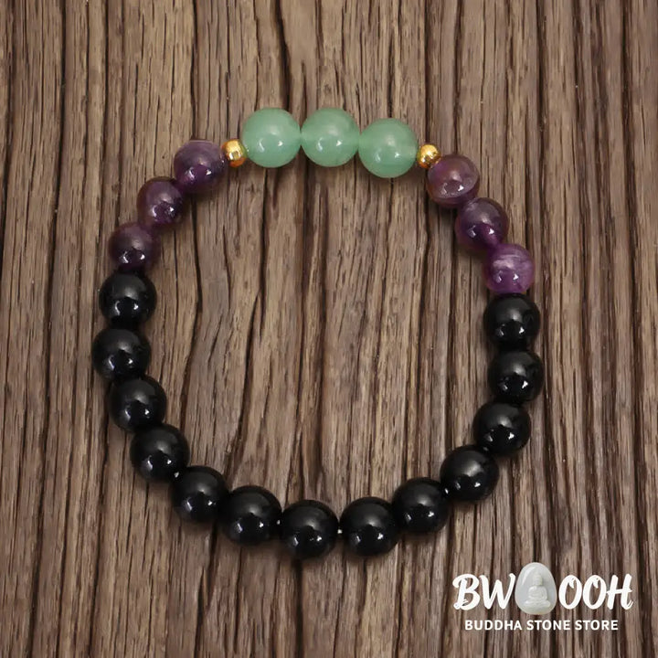 BWOOOH 108 Mala meditation bracelet featuring polished 8mm Amethyst and Green Aventurine beads with a delicate silver-tone lotus symbol, designed for inner peace and balance. - View 6