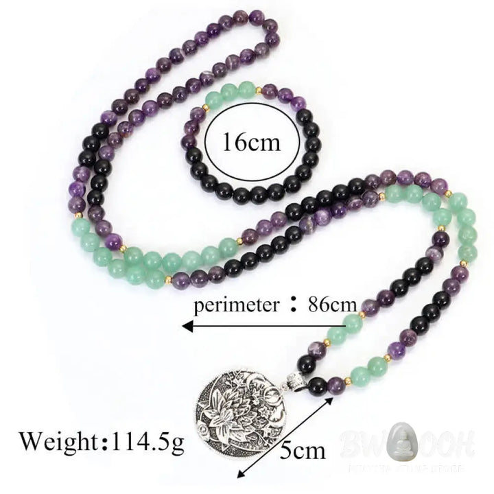 BWOOOH 108 Mala meditation bracelet featuring polished 8mm Amethyst and Green Aventurine beads with a delicate silver-tone lotus symbol, designed for inner peace and balance. - View 13