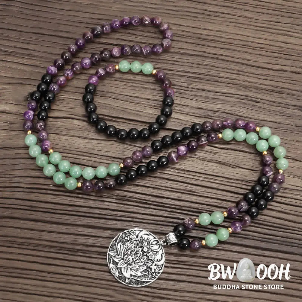 BWOOOH 108 Mala meditation bracelet featuring polished 8mm Amethyst and Green Aventurine beads with a delicate silver-tone lotus symbol, designed for inner peace and balance. - View 3