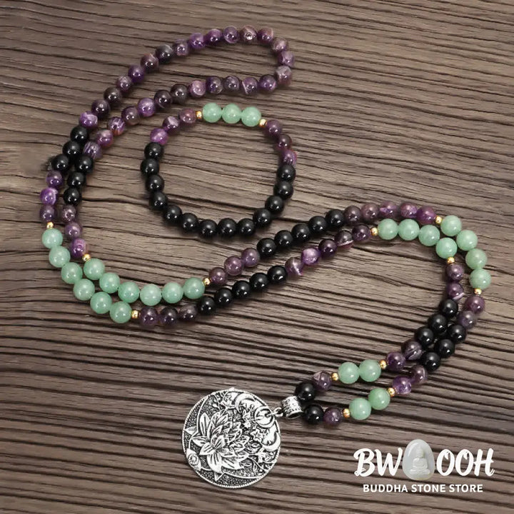 BWOOOH 108 Mala meditation bracelet featuring polished 8mm Amethyst and Green Aventurine beads with a delicate silver-tone lotus symbol, designed for inner peace and balance. - View 3