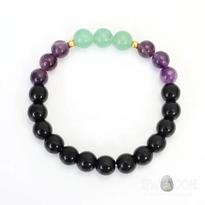 BWOOOH 108 Mala meditation bracelet featuring polished 8mm Amethyst and Green Aventurine beads with a delicate silver-tone lotus symbol, designed for inner peace and balance. - View 4