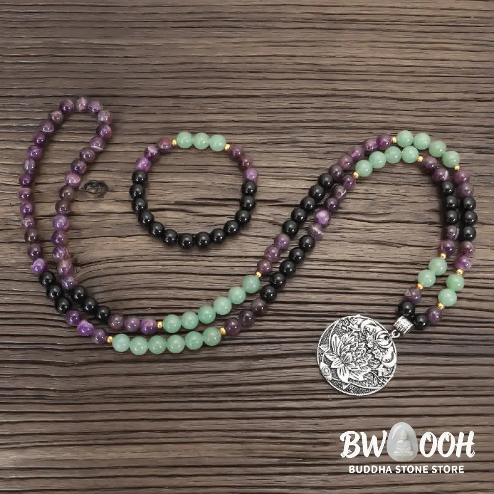 BWOOOH 108 Mala meditation bracelet featuring polished 8mm Amethyst and Green Aventurine beads with a delicate silver-tone lotus symbol, designed for inner peace and balance. - View 11