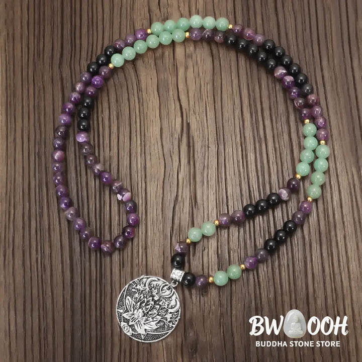 BWOOOH 108 Mala meditation bracelet featuring polished 8mm Amethyst and Green Aventurine beads with a delicate silver-tone lotus symbol, designed for inner peace and balance. - View 10