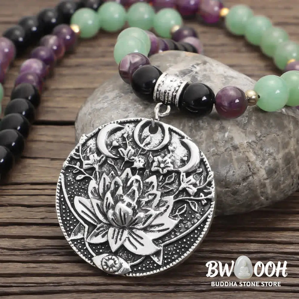 BWOOOH 108 Mala meditation bracelet featuring polished 8mm Amethyst and Green Aventurine beads with a delicate silver-tone lotus symbol, designed for inner peace and balance. - View 9