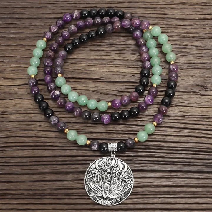 BWOOOH 108 Mala meditation bracelet featuring polished 8mm Amethyst and Green Aventurine beads with a delicate silver-tone lotus symbol, designed for inner peace and balance.