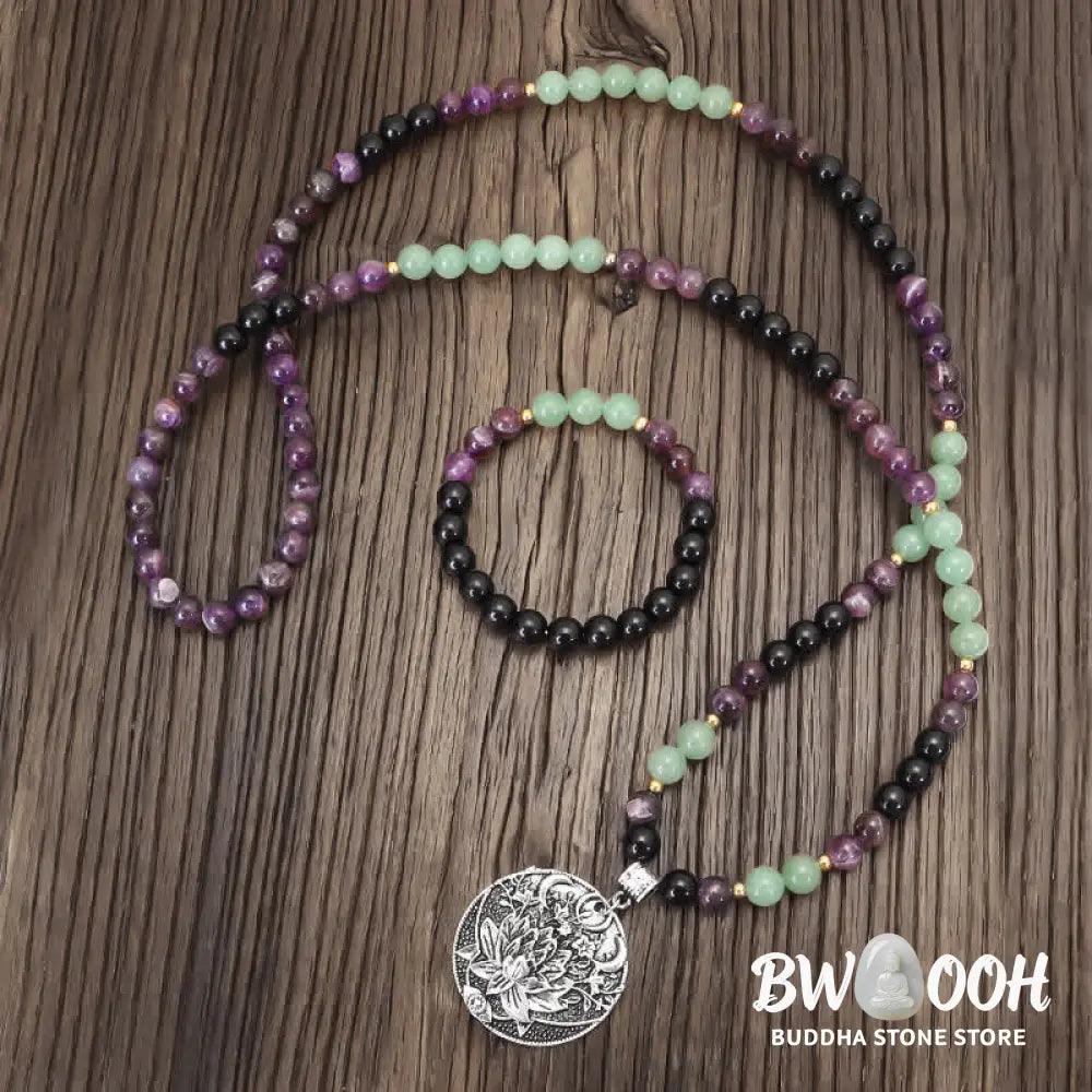 BWOOOH 108 Mala meditation bracelet featuring polished 8mm Amethyst and Green Aventurine beads with a delicate silver-tone lotus symbol, designed for inner peace and balance. - View 2