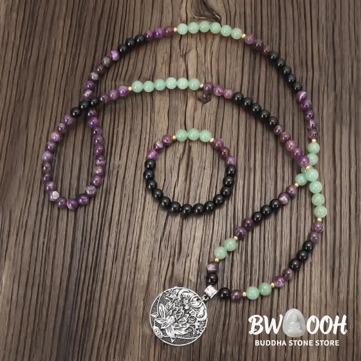BWOOOH 108 Mala meditation bracelet featuring polished 8mm Amethyst and Green Aventurine beads with a delicate silver-tone lotus symbol, designed for inner peace and balance. - View 2