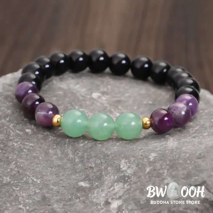 BWOOOH 108 Mala meditation bracelet featuring polished 8mm Amethyst and Green Aventurine beads with a delicate silver-tone lotus symbol, designed for inner peace and balance. - View 5