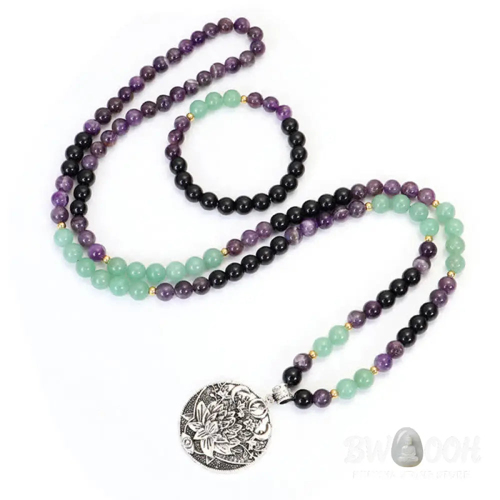 BWOOOH 108 Mala meditation bracelet featuring polished 8mm Amethyst and Green Aventurine beads with a delicate silver-tone lotus symbol, designed for inner peace and balance. - View 12