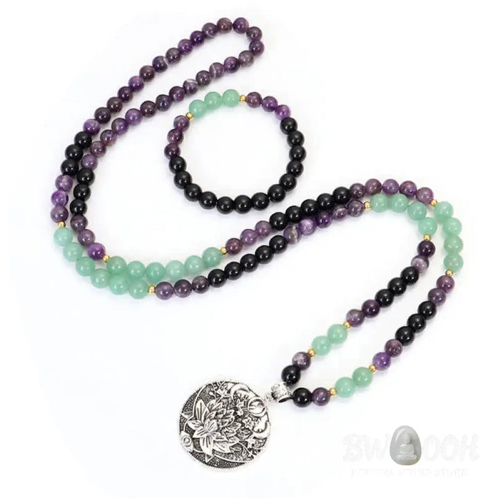BWOOOH 108 Mala meditation bracelet featuring polished 8mm Amethyst and Green Aventurine beads with a delicate silver-tone lotus symbol, designed for inner peace and balance. - View 12