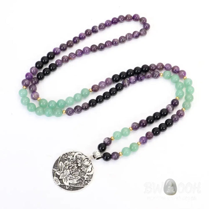 BWOOOH 108 Mala meditation bracelet featuring polished 8mm Amethyst and Green Aventurine beads with a delicate silver-tone lotus symbol, designed for inner peace and balance. - View 7