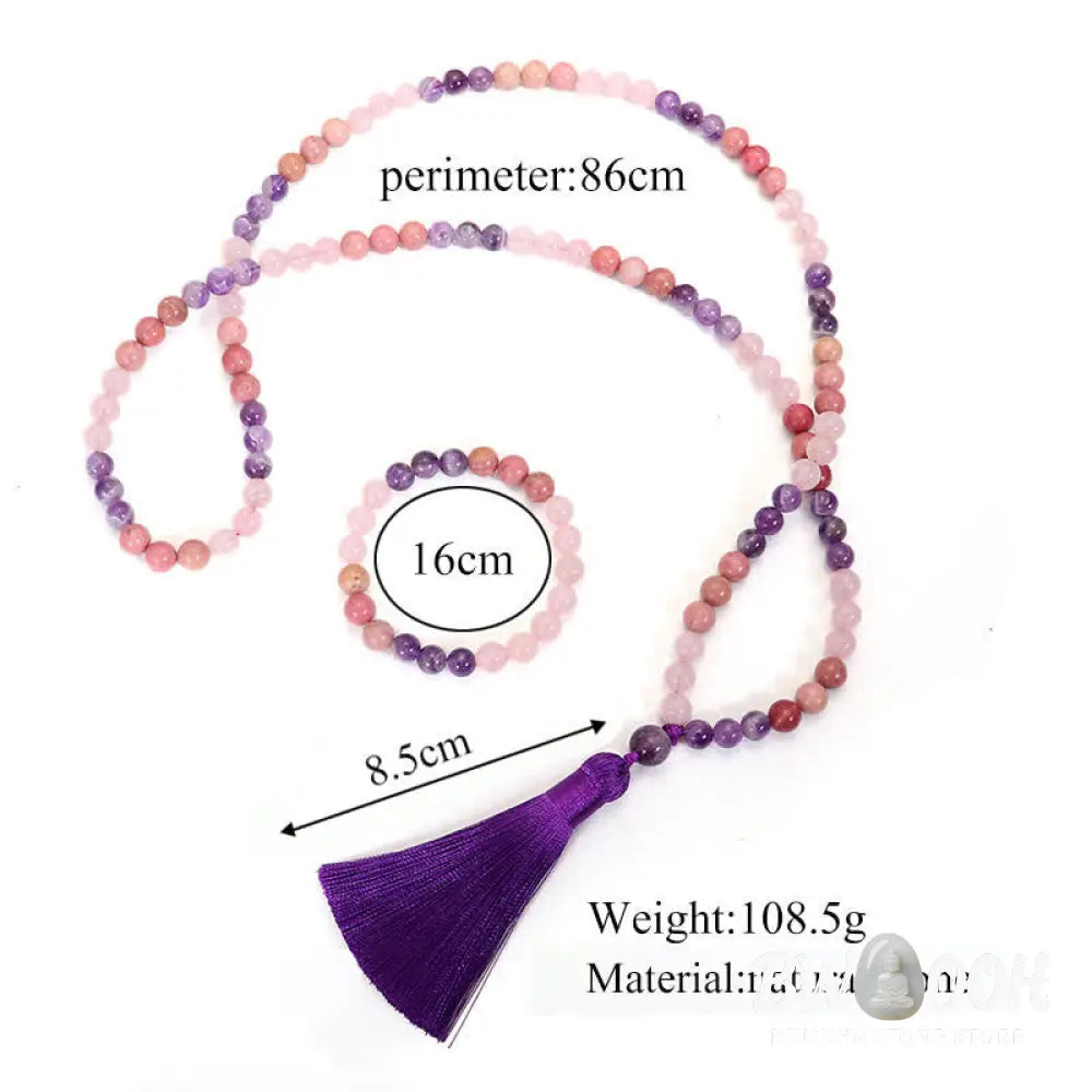 BWOOOH 108 Amethyst Rose Quartz Mala beads bracelet with a delicate tassel, handcrafted for meditation, stress relief, and fostering self-love and inner peace. The smooth purple Amethyst and soft pink Rose Quartz gemstones are clearly visible on a premium elastic string, ready to be worn as a bracelet or necklace. - View 11