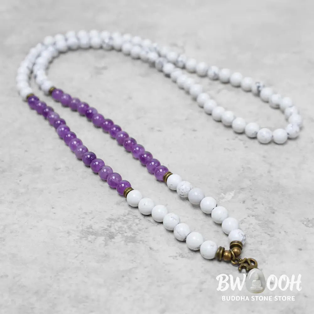 BWOOOH 108-bead Amethyst and White Turquoise OM Mala bracelet, featuring deep purple amethyst, serene white turquoise, and a central OM symbol on premium elastic string, designed for meditation, emotional balance, and spiritual healing. - View 2