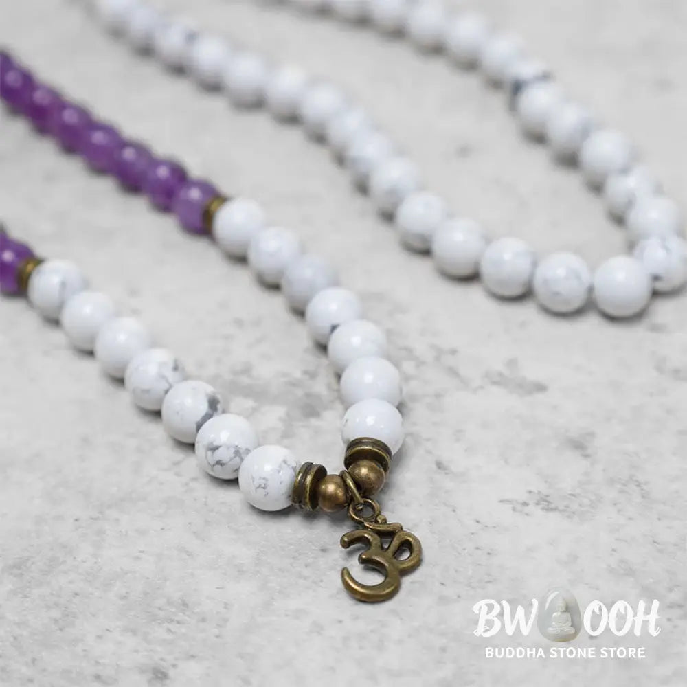 BWOOOH 108-bead Amethyst and White Turquoise OM Mala bracelet, featuring deep purple amethyst, serene white turquoise, and a central OM symbol on premium elastic string, designed for meditation, emotional balance, and spiritual healing. - View 6