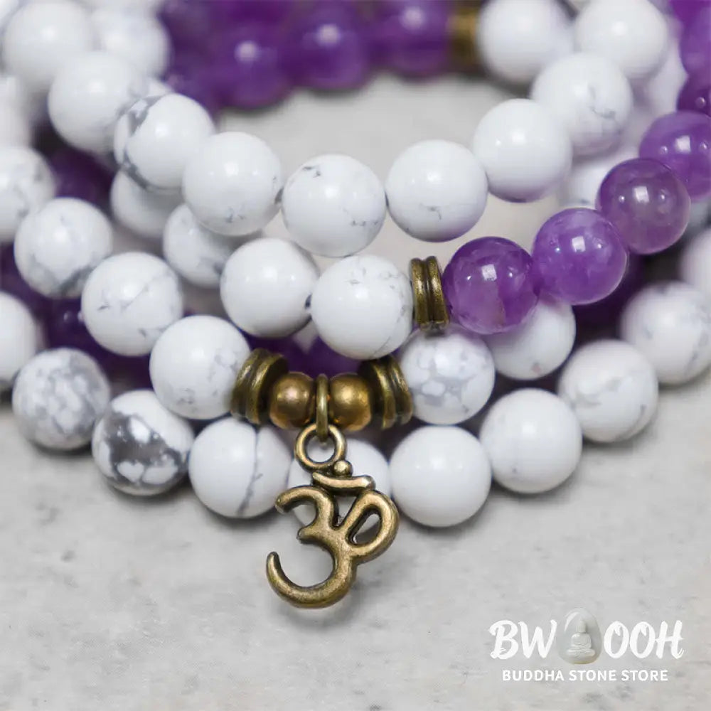 BWOOOH 108-bead Amethyst and White Turquoise OM Mala bracelet, featuring deep purple amethyst, serene white turquoise, and a central OM symbol on premium elastic string, designed for meditation, emotional balance, and spiritual healing. - View 3