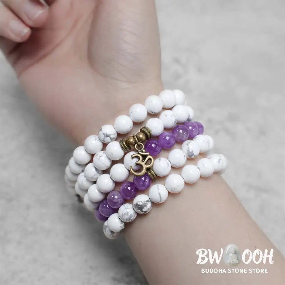 BWOOOH 108-bead Amethyst and White Turquoise OM Mala bracelet, featuring deep purple amethyst, serene white turquoise, and a central OM symbol on premium elastic string, designed for meditation, emotional balance, and spiritual healing. - View 7